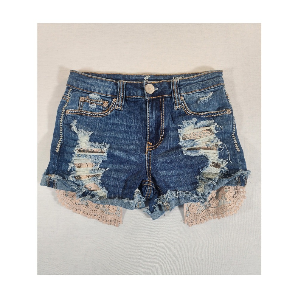 Almost Famous Lace Pocket Jean Shorts Women Sz 1 Distressed Boho Cutoff Festival
